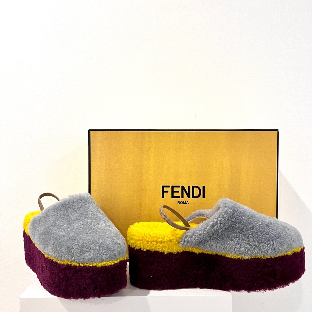 Fendi Multi Color Colorblock Platform Shearling Mules - Picture 6 of 12